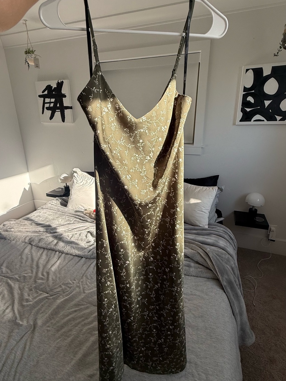 Forever 21 Olive Green Floral Satin Slip Midi Dress